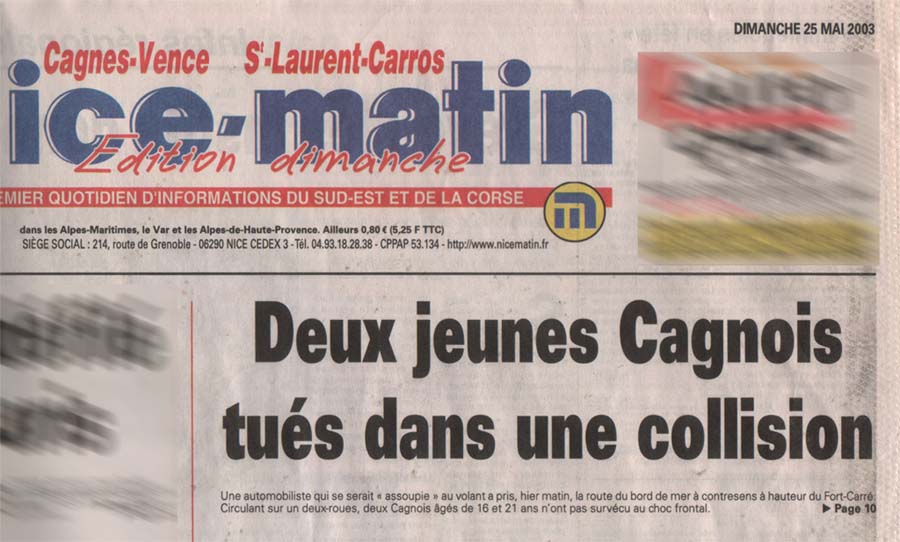 La Une de Nice-Matin du 25 mai 2003